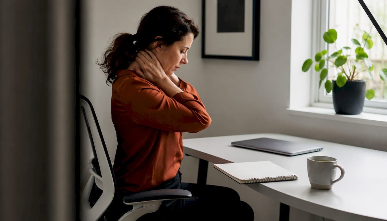 Office worker massaging neck due to desk pain