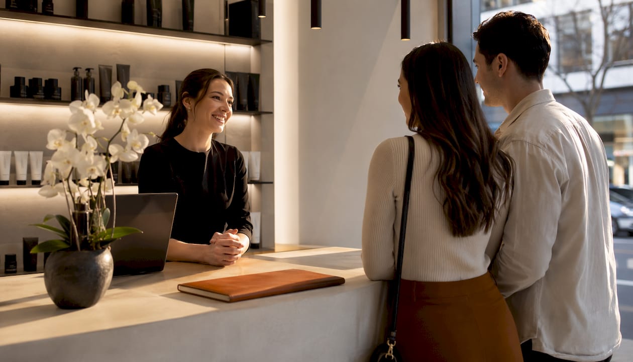 Receptionist consulting couple on spa packages